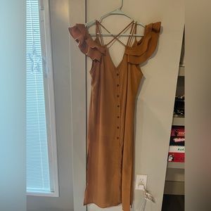 Mustard yellow button down long top with criss cross design